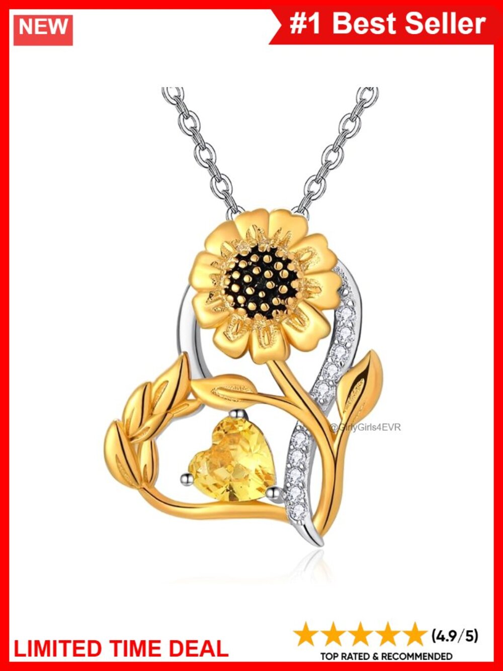 S925 Sterling Silver Sunflower Heart Necklace Citrine Pendant Gift